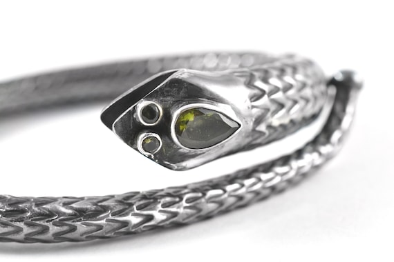 Moldavite Snake Bracelet, Teardrop Faceted Moldavite Bracelet Sterling Silver, Antique Finish Bracelet, Handcrafted
