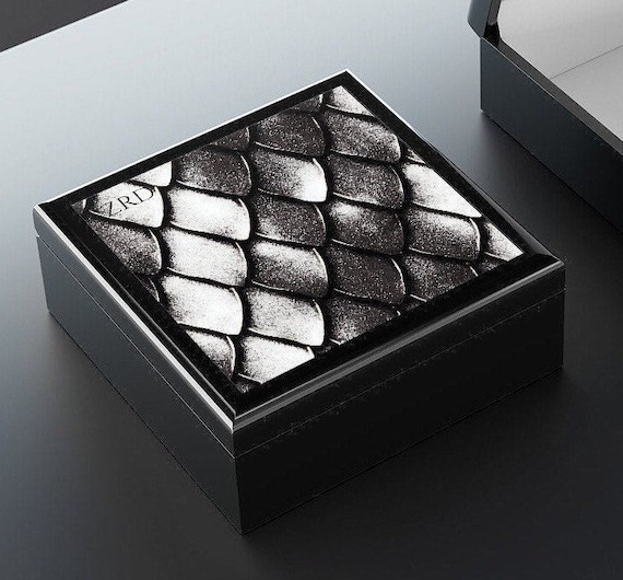 Personalized Dragon Gift Keepsake Box For Men - Black Ebony Wood Medieval Dragon Scales Silver Mens Jewelry Box