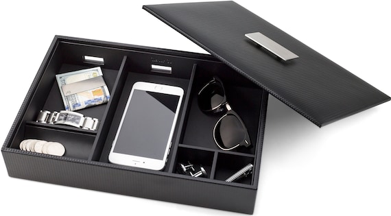 Personalized Valet Tray & Lid - Men's Valet Organizer, Engraved Plate, Valet For Men, Men's Jewelry Box, Gifts For Him, Black