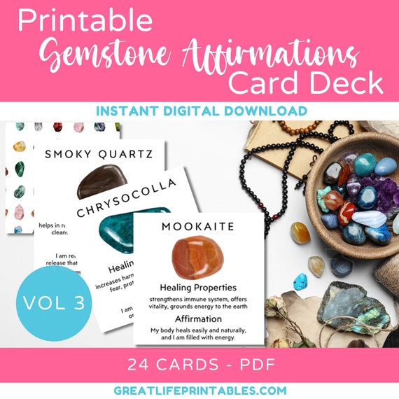 Printable Gemstone Cards, Printable Crystal Card Deck, Crystal Affirmation Cards, Healing Affirmations Crystal Oracle Deck, Instant Download