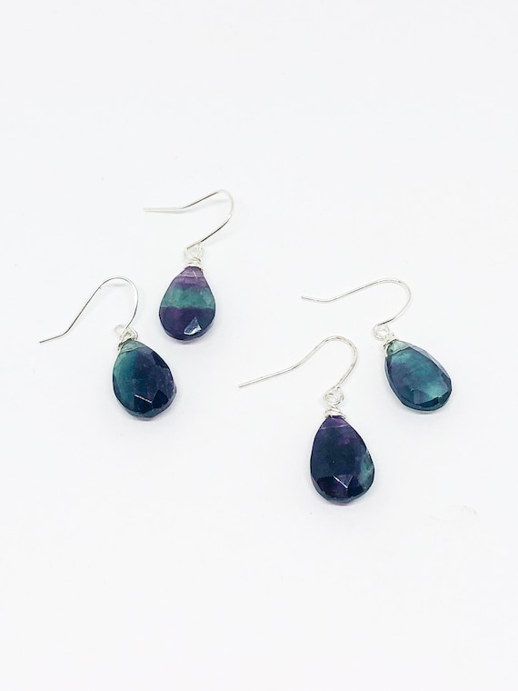 Purple Fluorite Gemstone Earrings. Gemstone Jewelry Silver. Raw Crystal Earrings. Handmade Jewelry. Rainbow Fluorite Earrings Gift For Her.