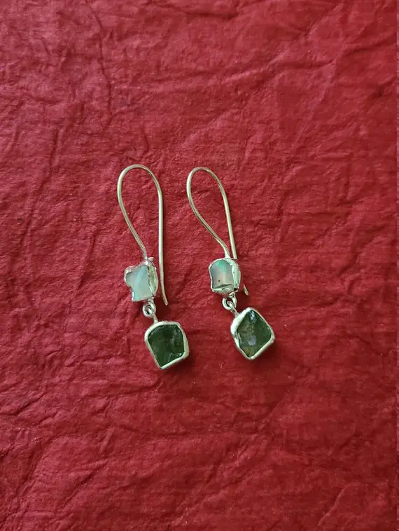 Raw Moldavite And Opal Earrings In Sterling Silver-opal Earrings-moldavite Earrings-moldavite Jewelry-remarkable Jewelry-anniversary Gift