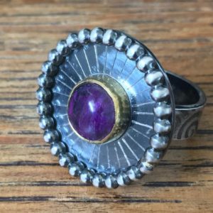 Shop Sugilite Rings! SUGILITE Ring / 22k GOLD Bezel /Oxidized Patterned-Textured Silver / SIZE 8.5 / Nice Royal Look / Comfortable / Made in California /One only | Natural genuine Sugilite rings, simple unique handcrafted gemstone rings. #rings #jewelry #shopping #gift #handmade #fashion #style #affiliate #ad