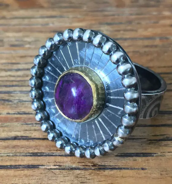 Sugilite Ring / 22k Gold Bezel /oxidized Patterned-textured Silver / Size 8.5 / Nice Royal Look / Comfortable / Made In California /one Only