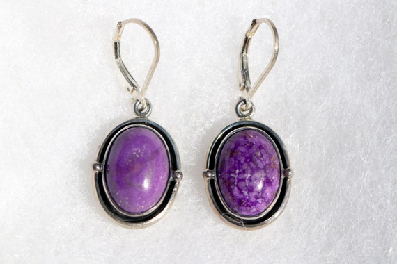 Vibrant Purple Sugilite Earrings Bezel Set In Solid Sterling Silver, Shadow Box Design, Lever Back Closure, Rare S. African Stone