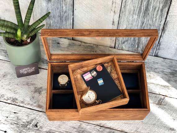 Glass Top Watch Box: Handmade Wood Organizer With Valet Tray