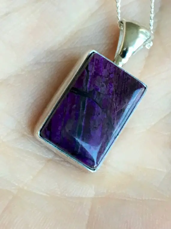 Wessels Sugilite Necklace Natural Sugilite Cabochon Necklace Sterling Silver Modern Rectangle Purple Gem Stone Minimalist Sugilite Jewelry