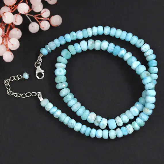 Valentine Sale -1 Strings Of 925 Sterling Silver 6mm Natural Blue Larimar Round Beads Necklace