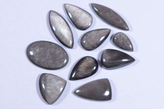 10 Pcs Lot, Natural Silver Sheen Obsidian Gemstone, Rare Super Shiny Obsidian Cabochon, 97.75 Cts, Mix Shape Lot Silver Sheen Cabochon Stone