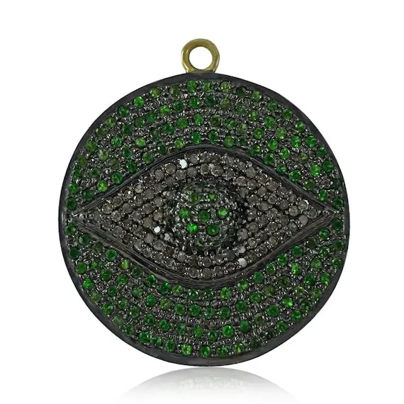 14k Gold/925 Sterling Silver Chrome Diopside Pendant, Pave Diamond Evil Eye In Round Pendant, Gemstone Handmade Jewelry, Gift For Women