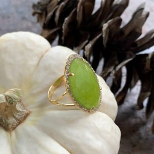 Shop Calcite Rings! 14k Yellow Gold Sterling Silver Green Calcite Pave White Sapphire Ring Size 6.75/ 14k Gold Lime Green Calcite Ring/ Sterling Calcite Ring | Natural genuine Calcite rings, simple unique handcrafted gemstone rings. #rings #jewelry #shopping #gift #handmade #fashion #style #affiliate #ad