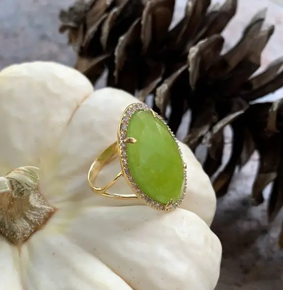14k Yellow Gold Sterling Silver Green Calcite Pave White Sapphire Ring Size 6.75/ 14k Gold Lime Green Calcite Ring/ Sterling Calcite Ring