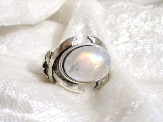 14x10 Rainbow Moonstone Ring, Blue Moonstone Ring East-west 925 Solid Sterling Silver, Size 8