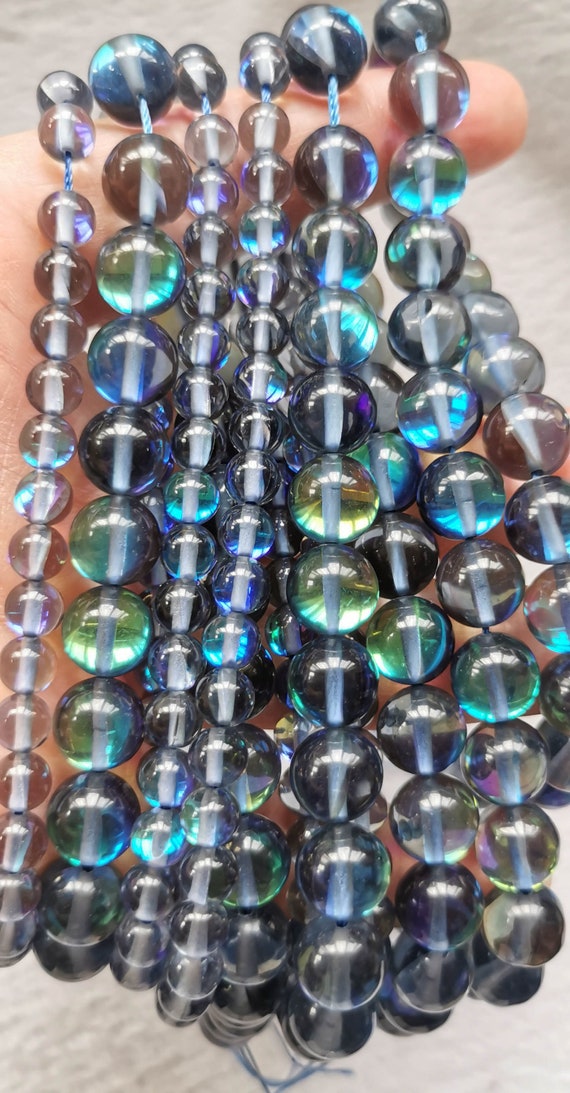 16" Rainbow Grey Black Cluster Angel Aura Quartz Titanium Crystal  Round  Loose Beads For Diy Jewelry