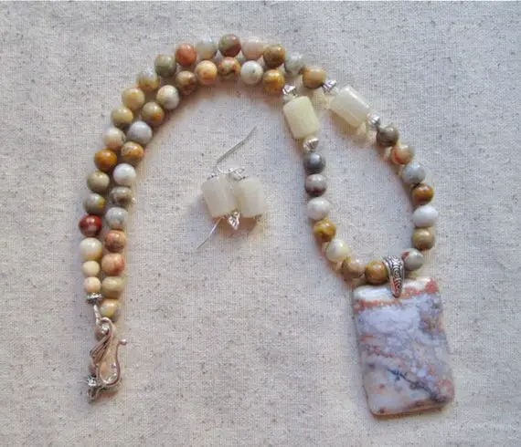 21 Inch Cream, Tan, And Brown Ocean Jasper Pendant And Beaded Necklace With Matching Earrings