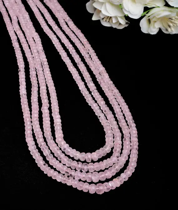 3 To 7mm Natural Morganite Beads , Morganite Faceted Rondelle Beads , 24 Inch Pink Morganite Beads, 4 Strand Beaded Necklace