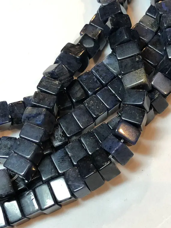 4x6mm Cube Dumortierite Gemstone Beads. Full 15" Strand Of Cube Shaped Beads, Nice Deep Blue Color.