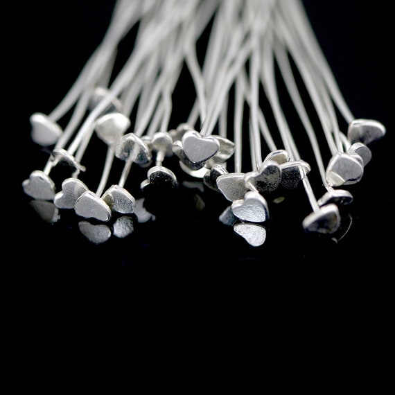 50 Silver Plated Heart Head Pins, 24 Gauge, 52mm