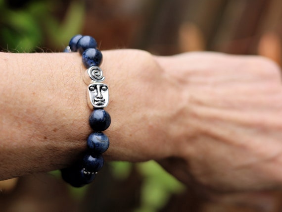 A Powerful Third Eye Chakra Dumortierite Bracelet With Faces And Antique Silver Spacer Beads Swirl Round. Spiritual Crystals And Gemstones