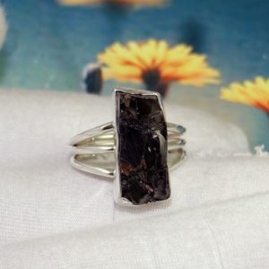 Shop Shungite Rings! AAA Rough Shungite Ring, Raw Shungite Ring, Solid 925 Silver Ring, Sterling Silver Ring, For Her, Healing Stone Ring, Ready To Ship, JPY0608 | Natural genuine Shungite rings, simple unique handcrafted gemstone rings. #rings #jewelry #shopping #gift #handmade #fashion #style #affiliate #ad