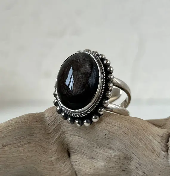 Adjustable Ring Sterling Silver Obsidian Ring, Black Stone Ring, Black Gemstone Ring, Open Band, Oval Stone Ring For Women Granulation Ring