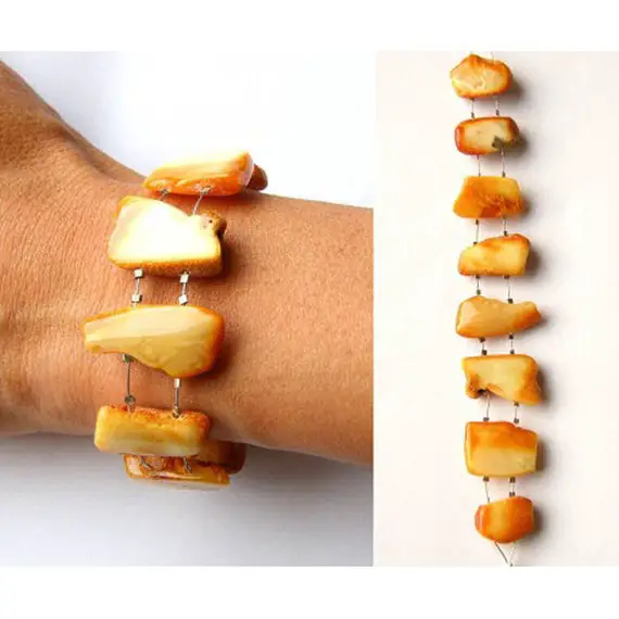 Amber Bracelet,   Amberstone, Honey, Milk, Polished, Back Raw, Nuggets, Modern, Silver Claps,  Gift For She,  New, Unique Handmade