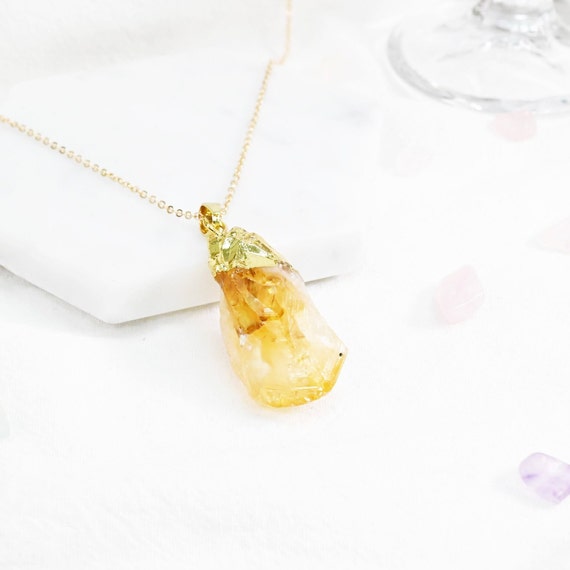 Amber Dipped Gold Raw Crystal Necklace - Amber Raw Crystal Necklace - Amber Dipped Necklace - Crystal Gold Necklace - Gold Necklace