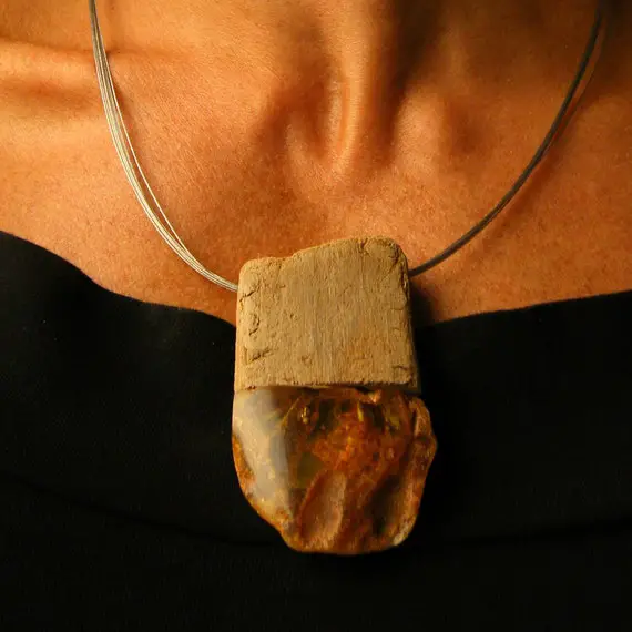 Amber Necklace  Genuine Baltic Amber, Orange, Gray, Drift Wood, With Chain,  Modern, Gift For Woman, New, Unique Handmade