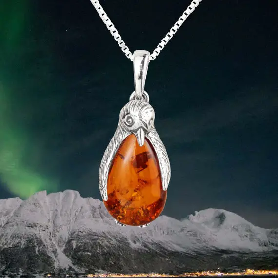Amber Penguin Pendant 925 Sterling Silver Genuine Honey Baltic Amber Animals Amber Necklace Perfect Gift, Birthday, Unusual, Gift For Her