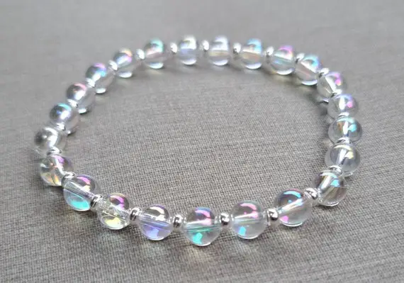 Angel Aura Quartz Bead Stretch Bracelet, Small Round Aaa 6mm Multi-color Aura Quartz Gemstone-silver, Healing, Quartz Crystal Jewelry, Boho