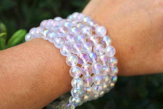 Angel Aura Quartz Crystal Bracelet, Beaded Stretched Bracelet, Spiritual Anxiety Cuff Bracelet, Clear Quartz Beads, Aura Quartz Pendant