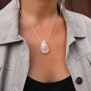 Angel Aura Quartz Crystal Necklace – Healing Gemstone Sterling Silver Necklace – Boho Bridal Necklace-Statement Necklace-Protection Necklace | Natural genuine Gemstone necklaces. Buy handcrafted artisan wedding jewelry.  Unique handmade bridal jewelry gift ideas. #jewelry #beadednecklaces #gift #crystaljewelry #shopping #handmadejewelry #wedding #bridal #necklaces #affiliate #ad