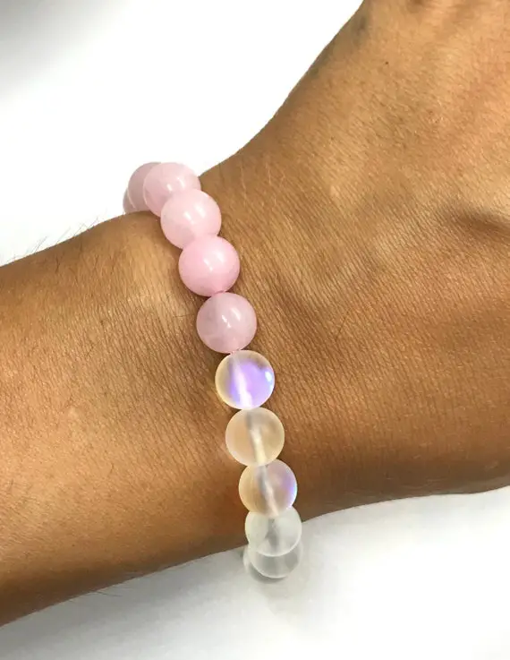 Angel Aura Quartz & Rose Quartz Healing Crystal Bracelet, 8mm Healing Stones, For Love, Light, Calming, Kindness, Romance, Meditation, Peace