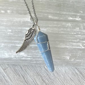 Shop Angelite Necklaces! Healing Crystal Necklace, Natural Angelite Gemstone Pendant, Meaningful Grieving Sympathy Gift, Comfort Jewelry, Angel Wing Necklace | Natural genuine Angelite necklaces. Buy crystal jewelry, handmade handcrafted artisan jewelry for women.  Unique handmade gift ideas. #jewelry #beadednecklaces #beadedjewelry #gift #shopping #handmadejewelry #fashion #style #product #necklaces #affiliate #ad
