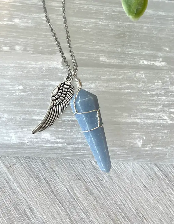 Healing Crystal Necklace, Natural Angelite Gemstone Pendant, Meaningful Grieving Sympathy Gift, Comfort Jewelry, Angel Wing Necklace