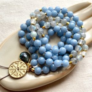 Shop Angelite Jewelry! Angelite Mala, Labradorite Mala, Selenite Mala, Labradorite Necklace, Angelite Necklace, Mala Kette, Prayer Beads, Yoga Necklace | Natural genuine Angelite jewelry. Buy crystal jewelry, handmade handcrafted artisan jewelry for women.  Unique handmade gift ideas. #jewelry #beadedjewelry #beadedjewelry #gift #shopping #handmadejewelry #fashion #style #product #jewelry #affiliate #ad