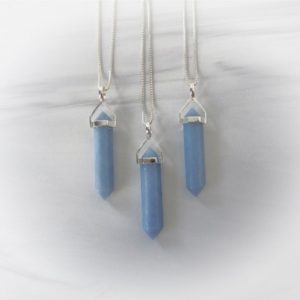 Shop Angelite Jewelry! Angelite Necklace, Blue Angelite Point, Sterling Gemstone Point, Healing Crystal Necklace, Layering Necklace, Gemstone Appeal, GSA | Natural genuine Angelite jewelry. Buy crystal jewelry, handmade handcrafted artisan jewelry for women.  Unique handmade gift ideas. #jewelry #beadedjewelry #beadedjewelry #gift #shopping #handmadejewelry #fashion #style #product #jewelry #affiliate #ad