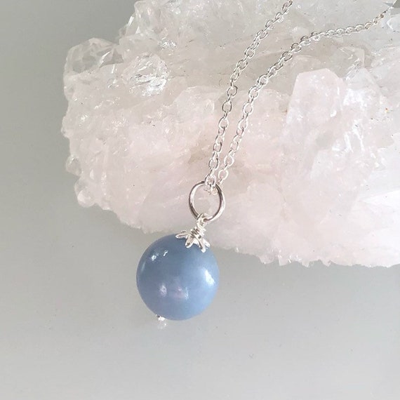 Angelite Necklace, Silver Angelite Jewelry, 10mm Ball Pendant, Calming, Peaceful Angelite, Gift For Her, Minimalist Layering Necklace