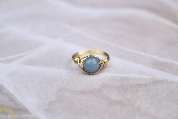 Angelite Ring, Gold Wire Ring, Gold Ring, Blue Stone Ring, Gemstone Ring, Angelite Wire Ring, Boho Wire Ring, Wire Wrapped Ring, Gold Ring