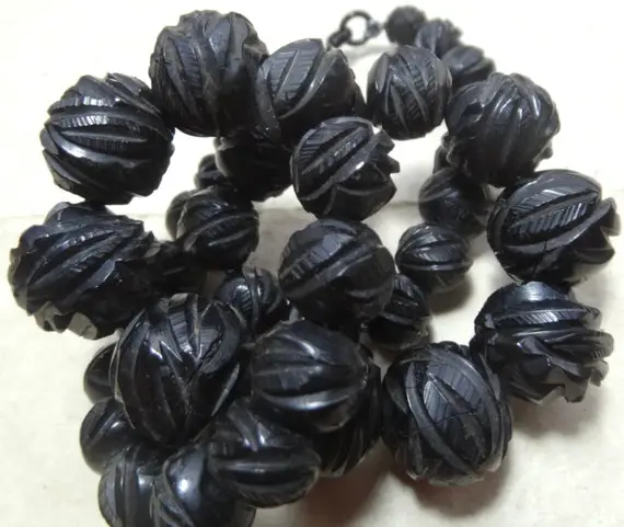 Antique Victorian C. 1880 Fancy Carved Whitby Jet Rose Flower Bead Necklace Original Hook Clasp -e21