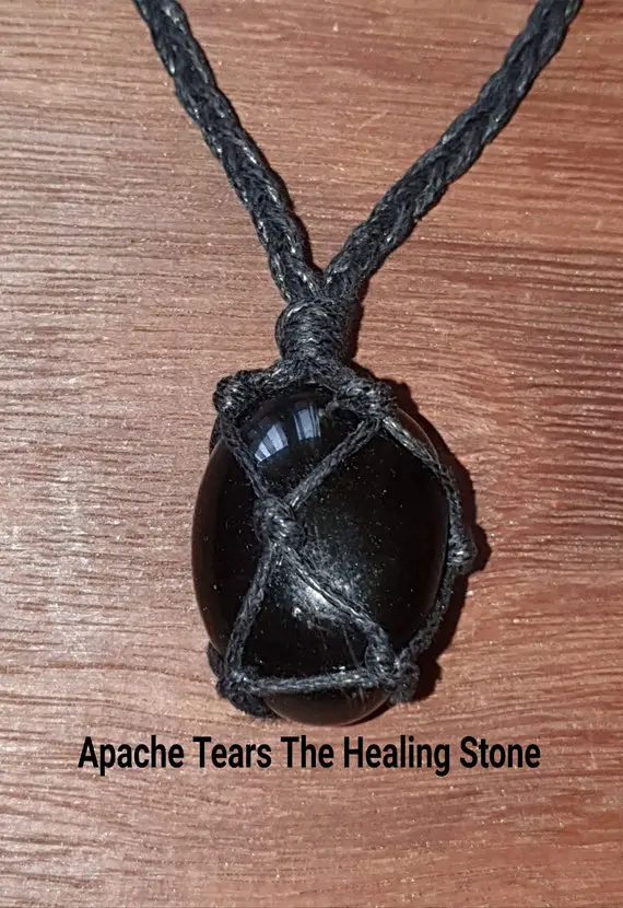 Apache Tears  Pendant Hand Wrapped  In A Waxed Cord Cage