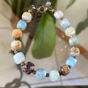 Shop Calcite Bracelets! Aquatine Calcite Bracelet, Adjustable 8"-9", Lemurian, Artic Blue, Tan, Brown, Rustic, Faceted Cubes | Natural genuine Calcite bracelets. Buy crystal jewelry, handmade handcrafted artisan jewelry for women.  Unique handmade gift ideas. #jewelry #beadedbracelets #beadedjewelry #gift #shopping #handmadejewelry #fashion #style #product #bracelets #affiliate #ad