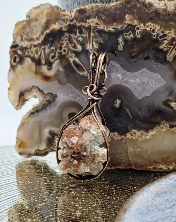 Aragonite Natural Crystal Reversible Antique Copper Pendant Necklace