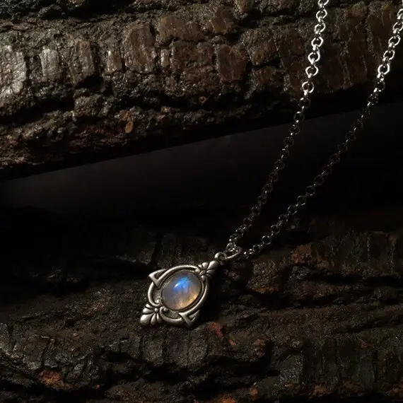 Aria - Antique Silver Moonstone Necklace - Silver Rainbow Moonstone Necklace - Antique Moonstone Pendant Necklace