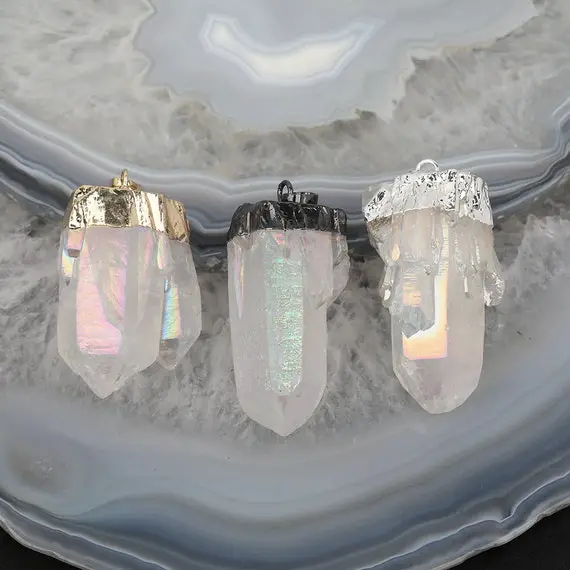 Aura Angel White Ab Quartz Titanium Crystal Chunky Pendants, Healing Crystals Natural Stones Nuggets Points Pnedant Supplies Diy Jewerly