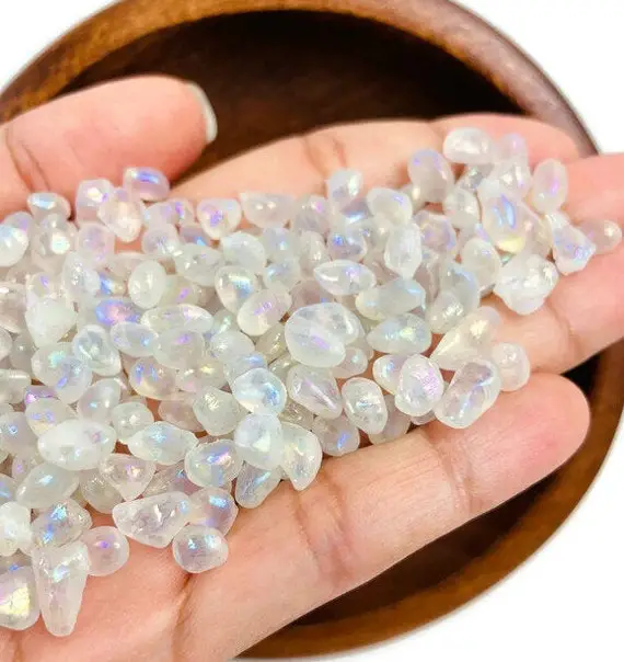 Angel Aura Quartz Crystal Chips (100g) Tumbled Rainbow Aura Crystal Chips Mini Gray Clear,  Bulk Lot Gemstone Iridescent Aura Pebbles