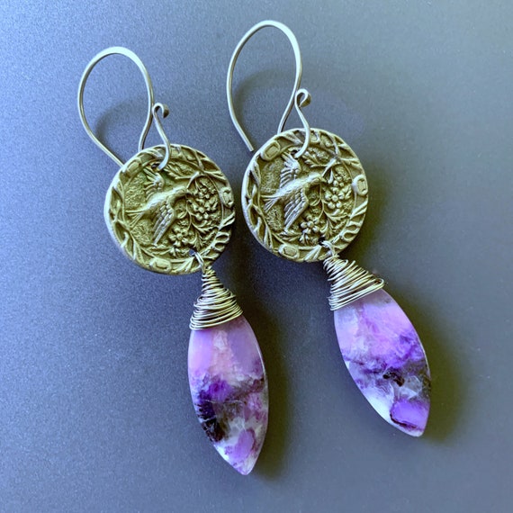 Beautiful Dangle Earrings Bird Carrying Branch With Sugilite Drops Sterling Silver And Fine Silver Ooak