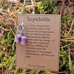 Shop Lepidolite Earrings! Beautiful lepidolite huggie hoops on a descriptive card. Surgical steel. Premium quality natural lepidolite earrings | Natural genuine Lepidolite earrings. Buy crystal jewelry, handmade handcrafted artisan jewelry for women.  Unique handmade gift ideas. #jewelry #beadedearrings #beadedjewelry #gift #shopping #handmadejewelry #fashion #style #product #earrings #affiliate #ad