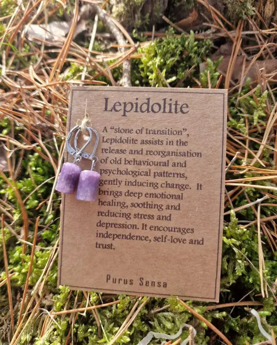 Beautiful Lepidolite Huggie Hoops On A Descriptive Card. Surgical Steel. Premium Quality Natural Lepidolite Earrings