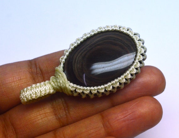 Mexican Awesome Quality Obsidian Pendent Gemstone, Solid Macrame Pendent Obsidian Cabochon, Healing Crystal, Oval Shape, Size 50x26x7 Mm